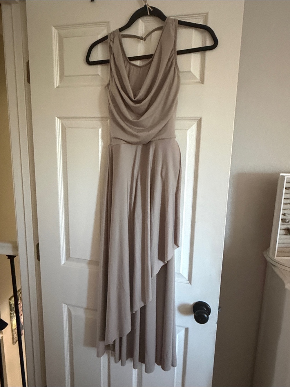 Draped Taupe Sleeveless Asymmetrical Midi Dress